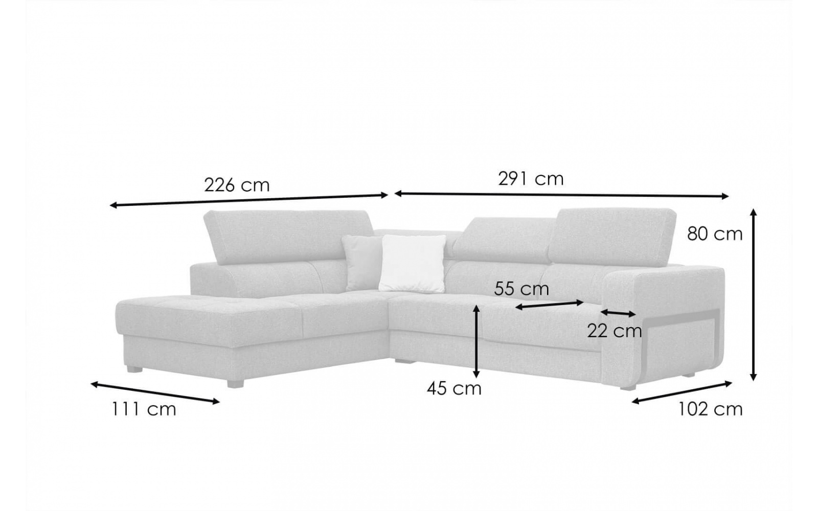 Canapé d'angle gauche avec appuis-tête réglables 5 places BERGO