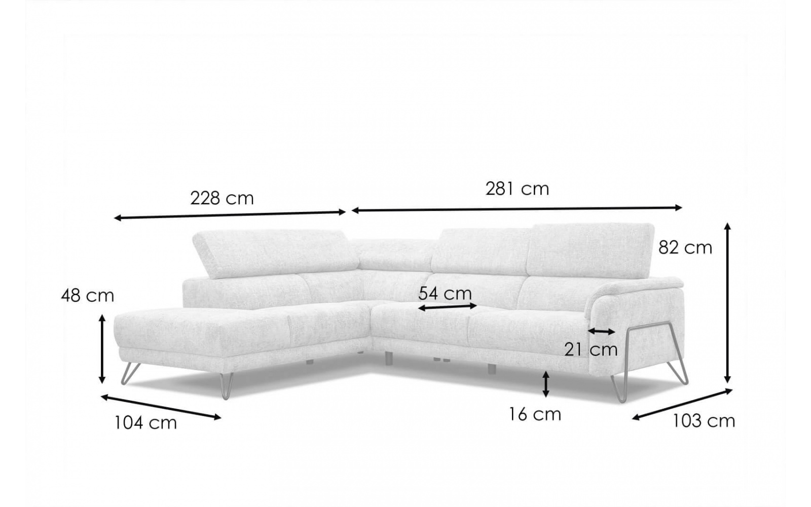 Canapé d'angle gauche avec appuis-tête réglables 5 places RODEN