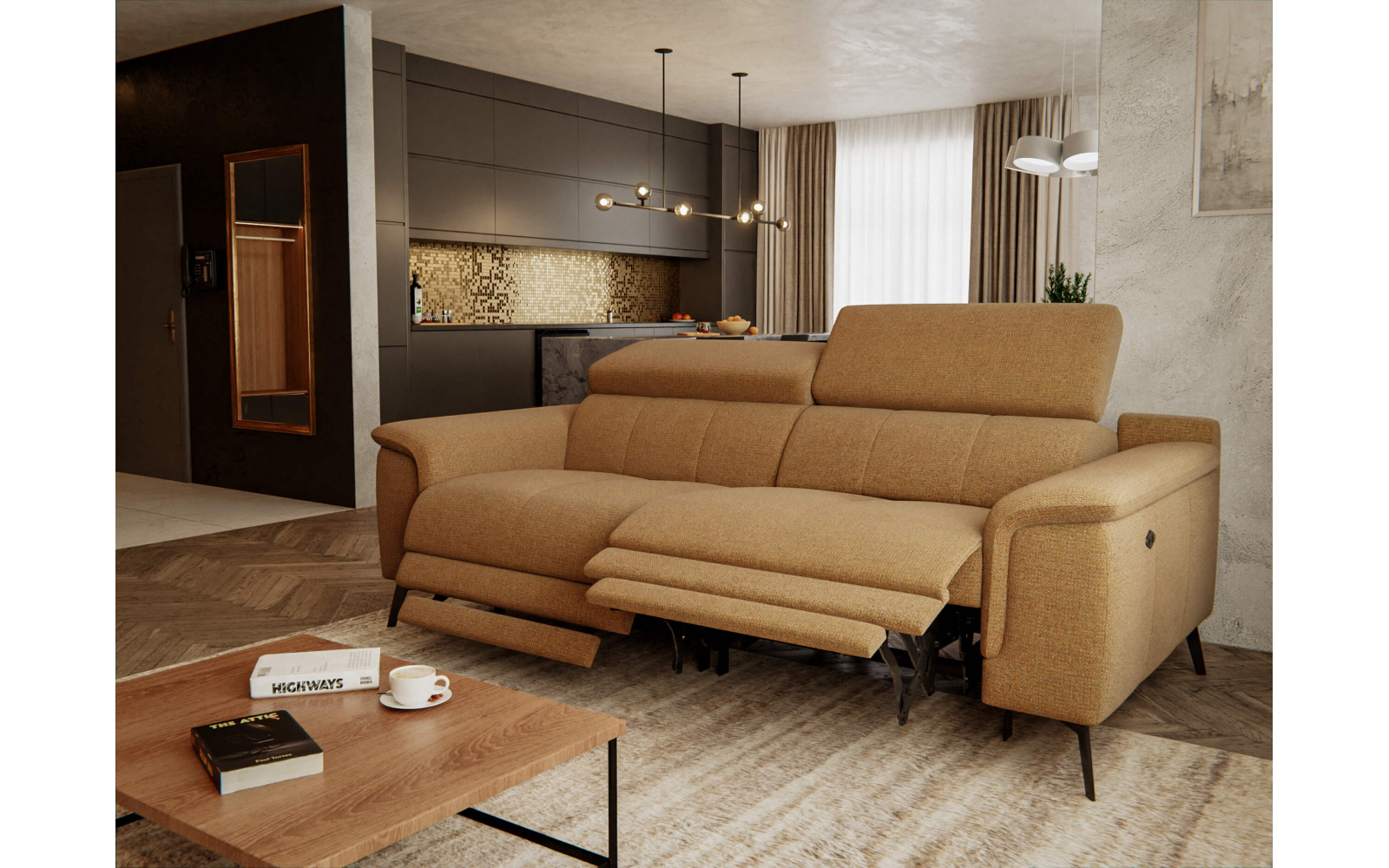 Canapé droit 3 places avec deux relax électriques FIERO