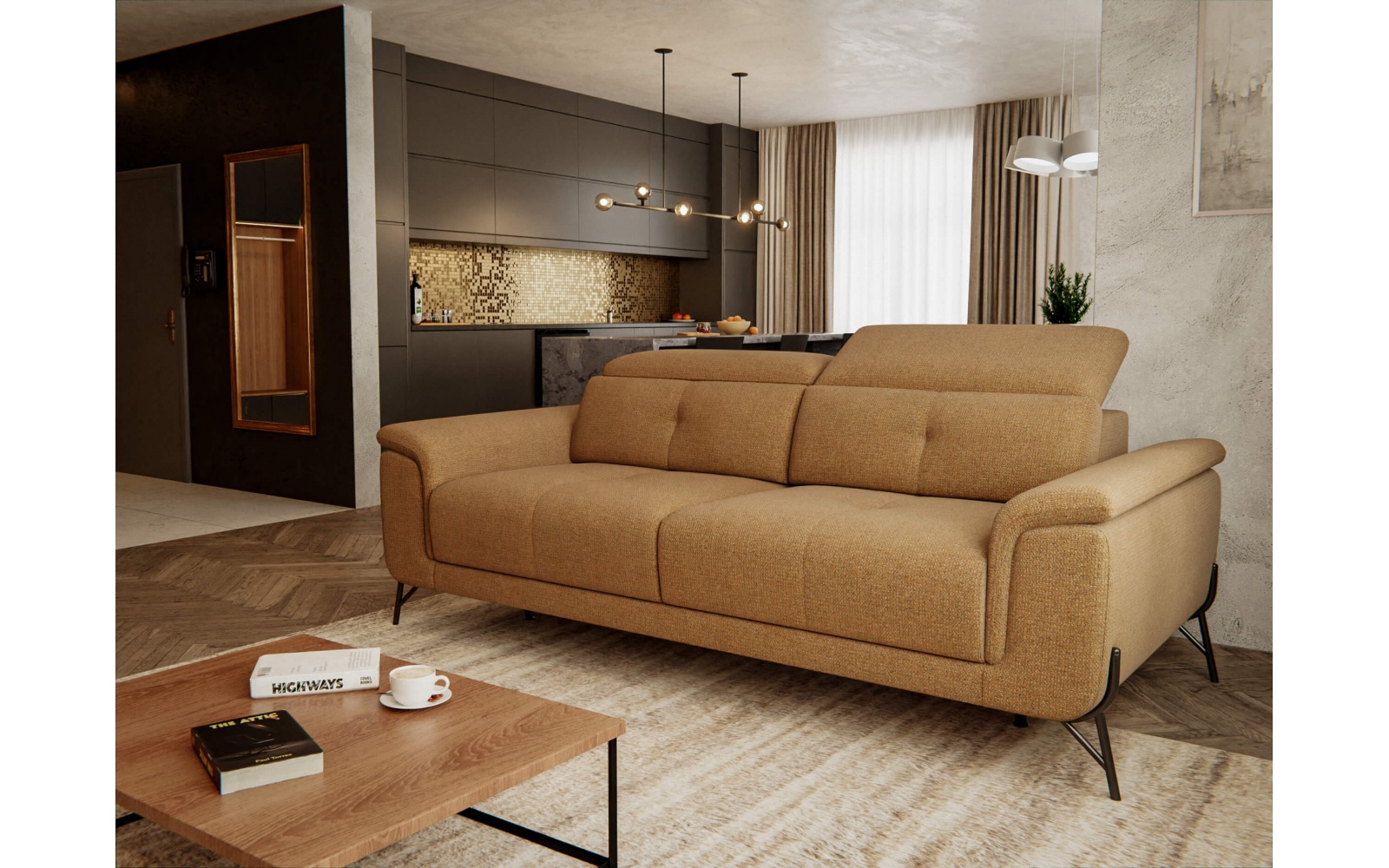 Canapé droit XXL avec appuis-tête réglables 3 places AVENA