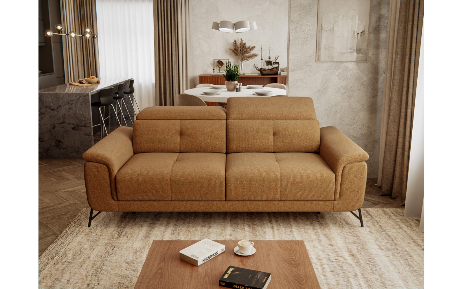 Canapé droit XXL avec appuis-tête réglables 3 places AVENA