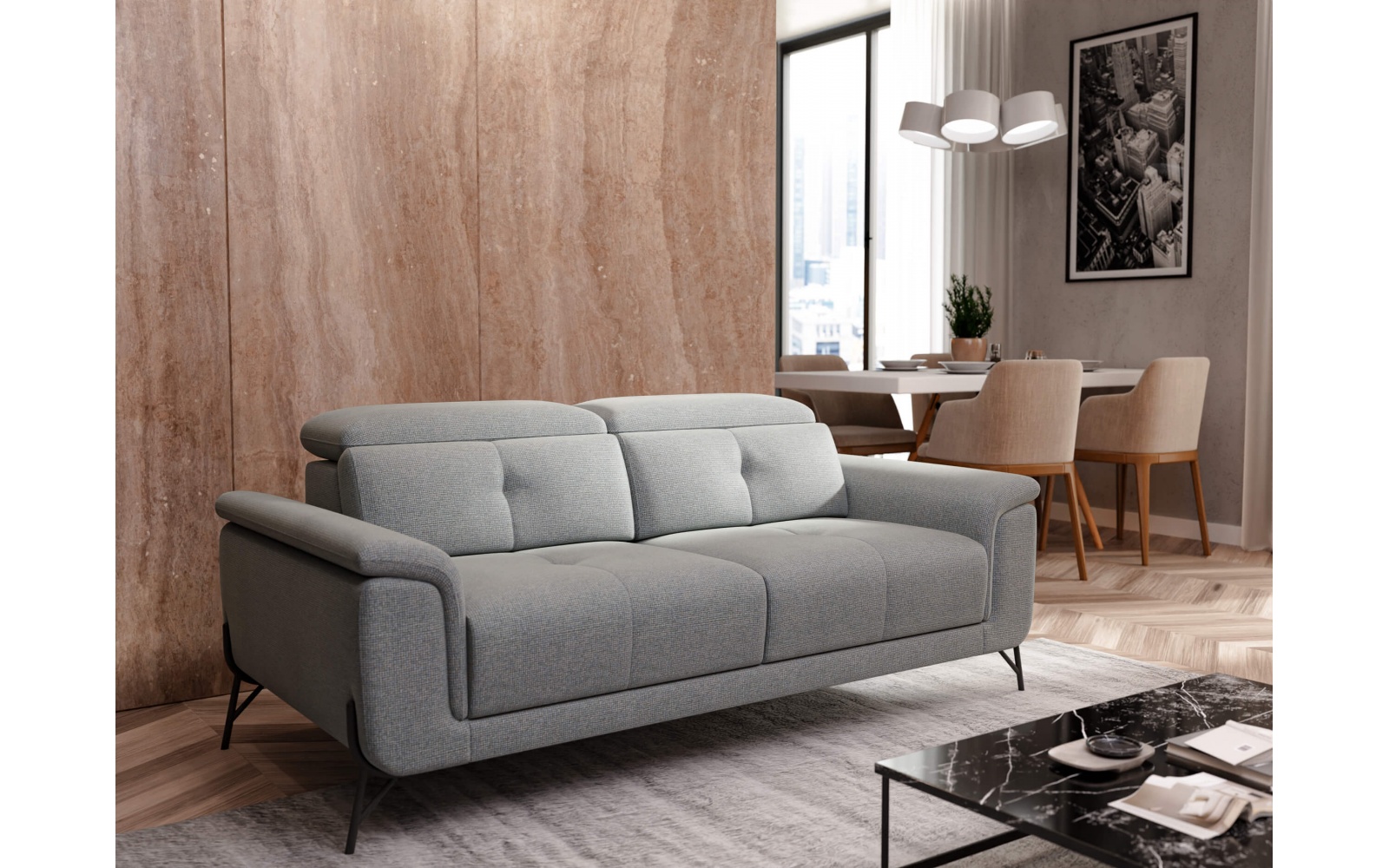 Canapé droit XXL avec appuis-tête réglables 3 places AVENA