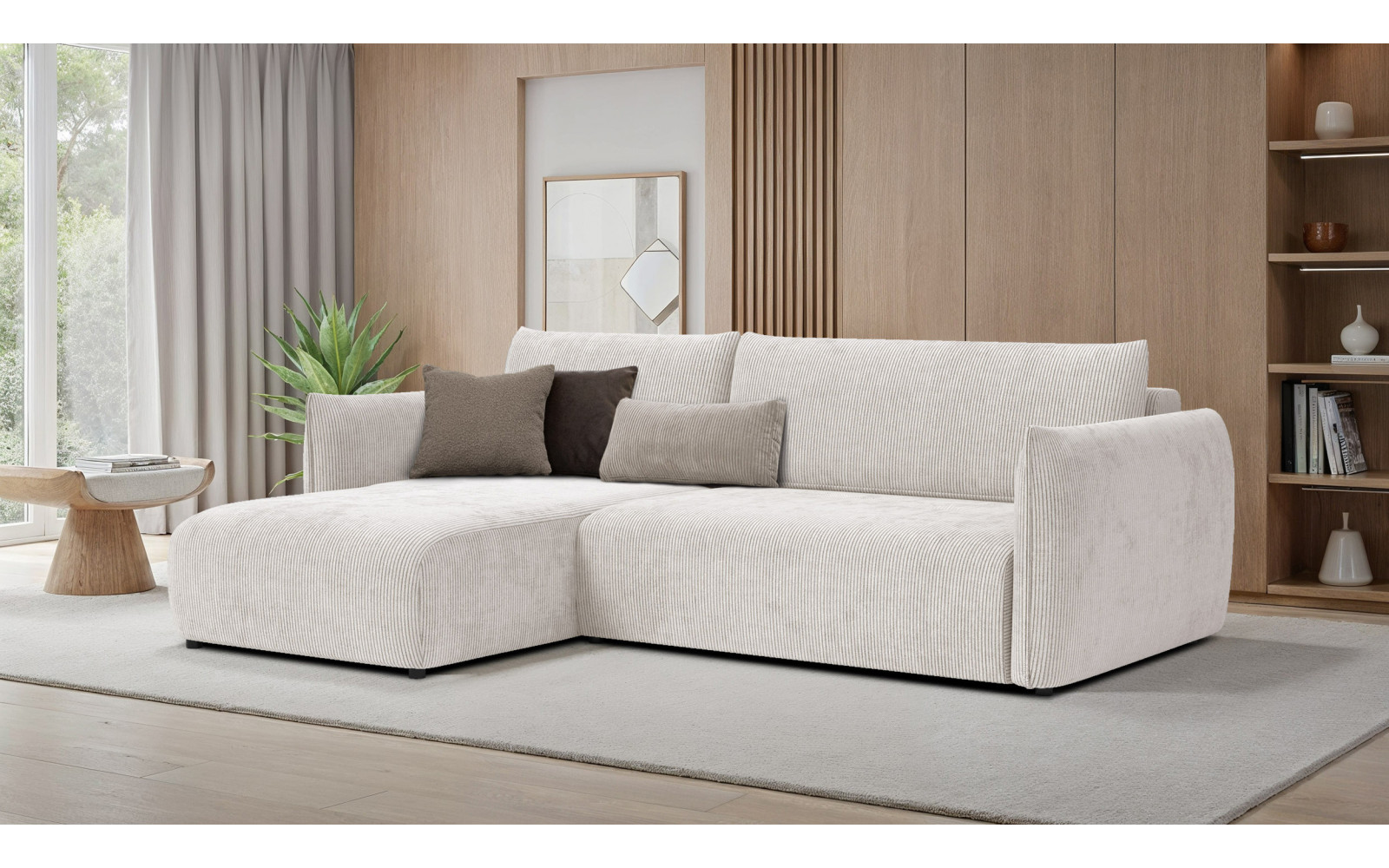 Canapé d'angle gauche 3 places tissu blanc perle - TAUER