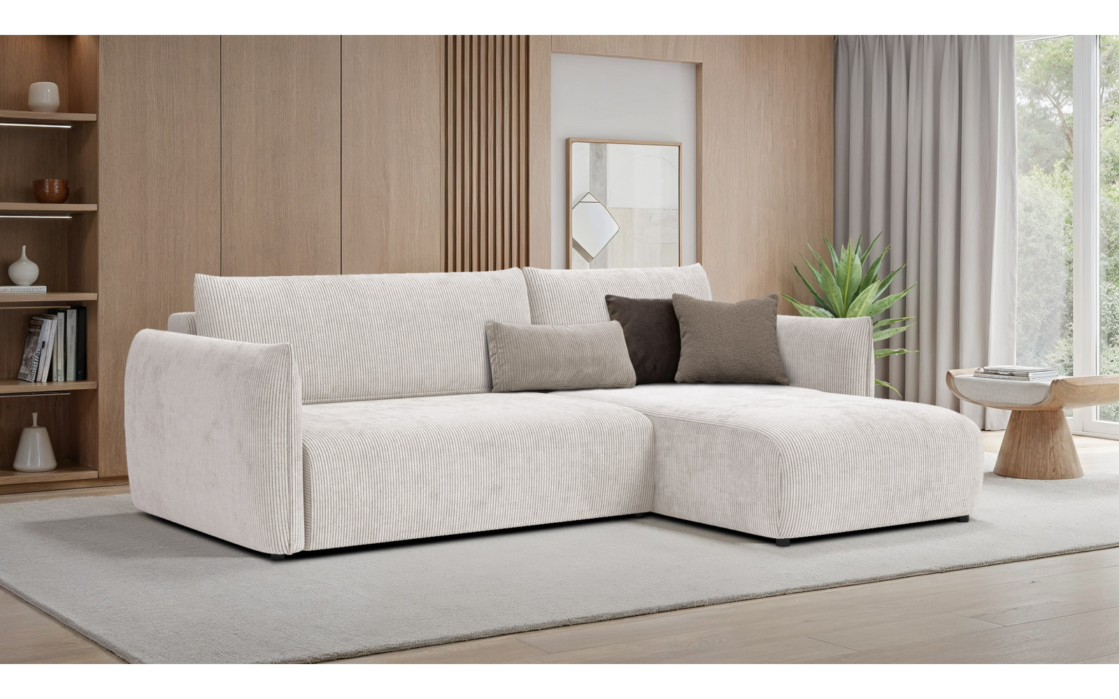 Canapé d'angle droit 3 places tissu blanc perle - TAUER