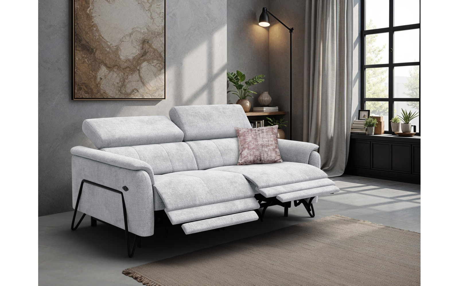 Canapé RODEN 3 places avec 2 Relax, tissu gris clair