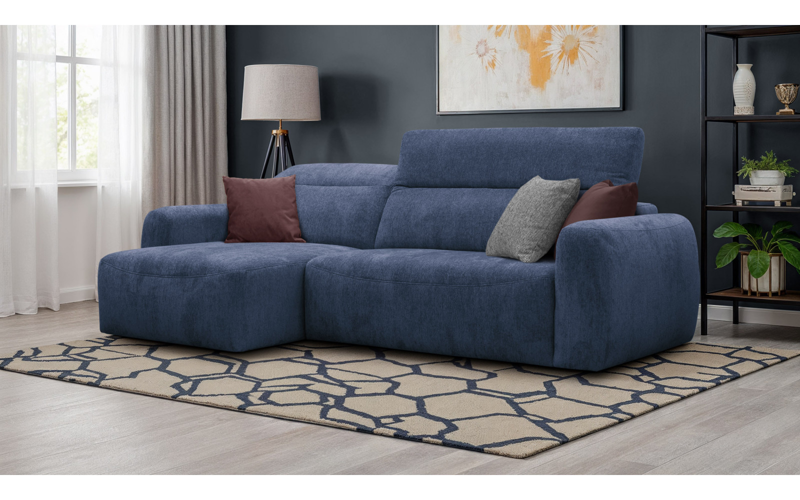 Canapé d'angle 4 places NERO, tissu bleu marine