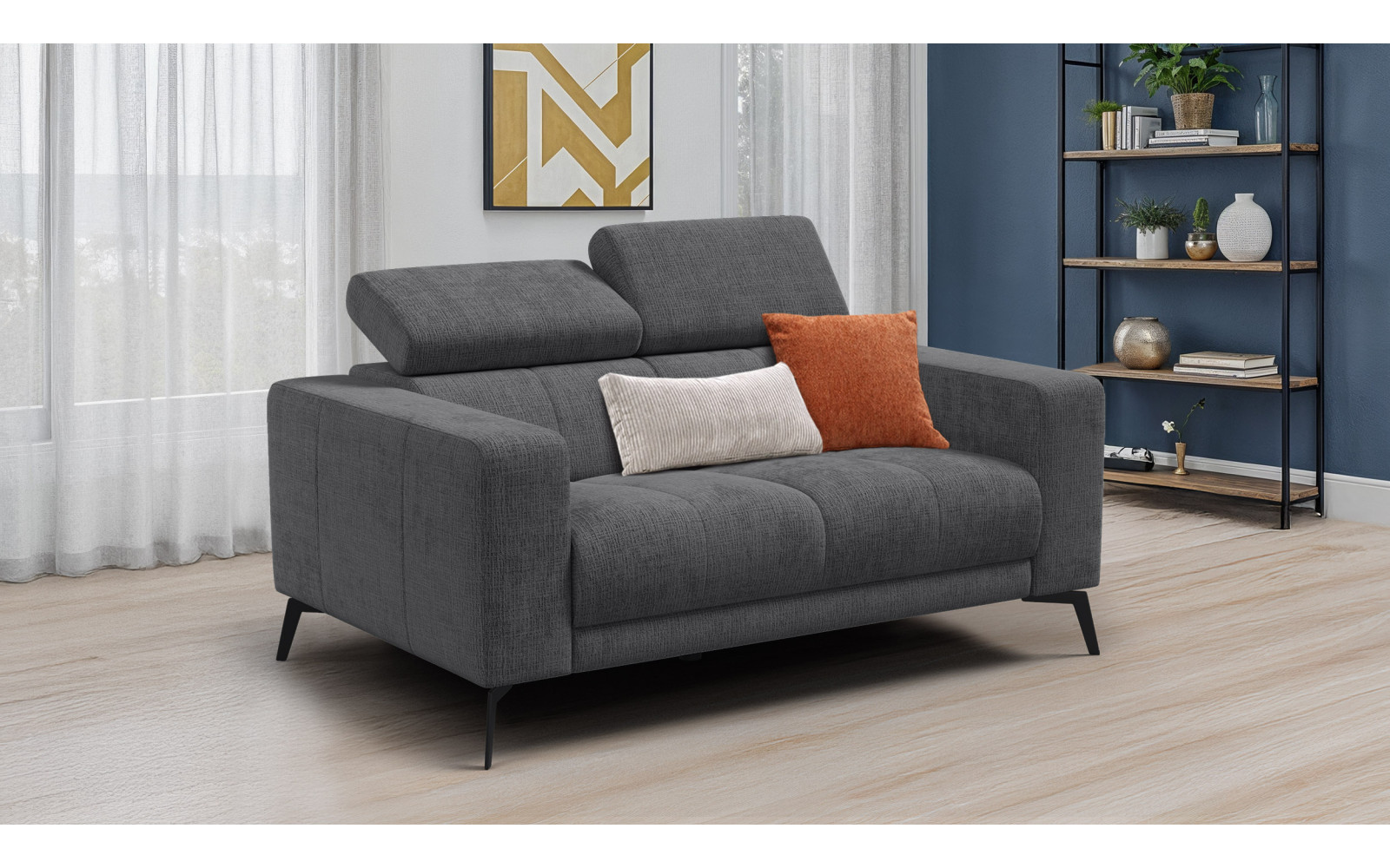 Canapé 2 places MORELLO, tissu gris foncé