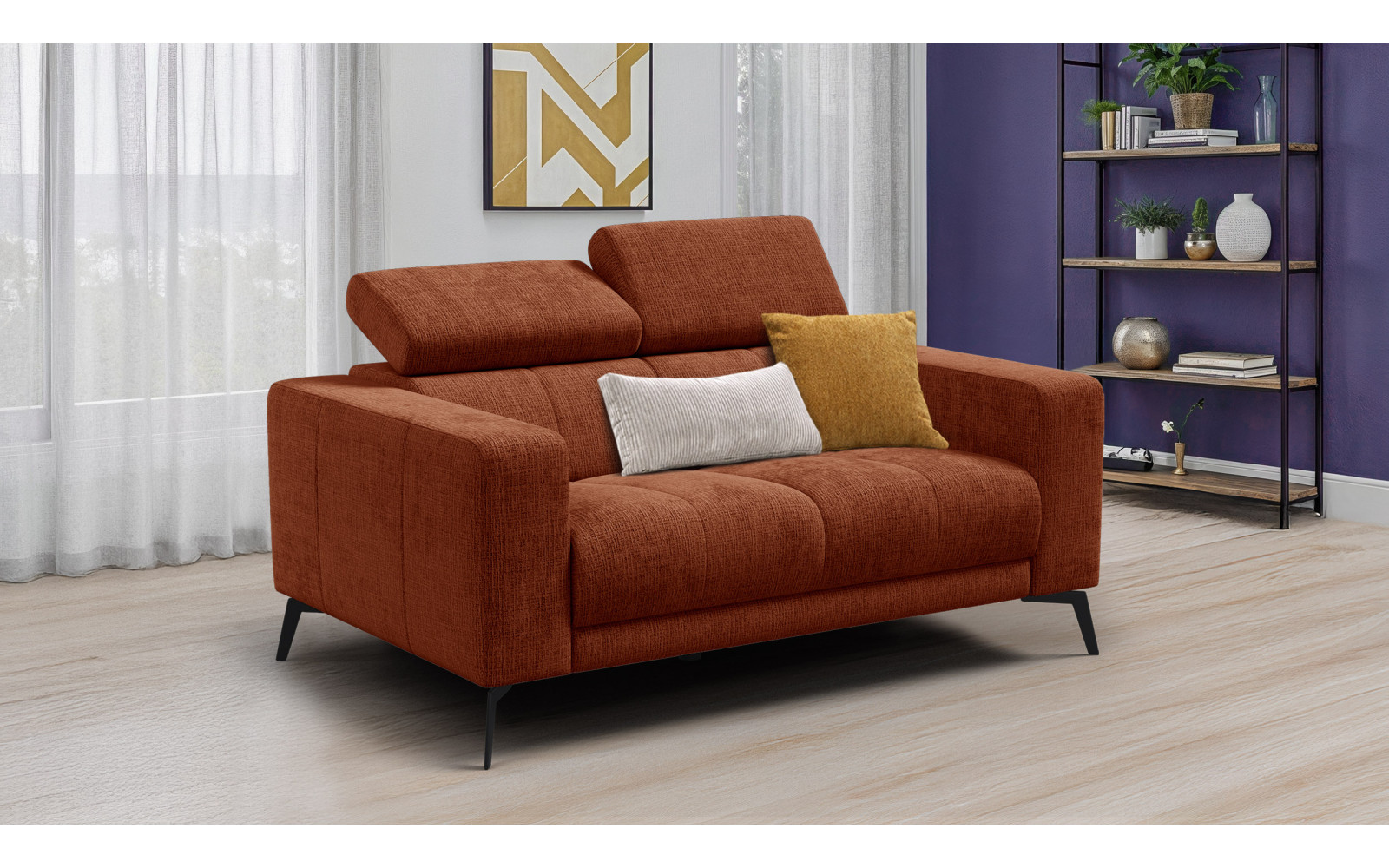 Canapé 2 places MORELLO, tissu orange foncé