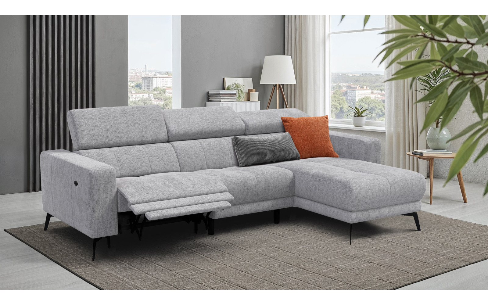 Canapé d'angle 4 places MORELLO avec 1 x Relax Zero Gravity, tissu gris clair