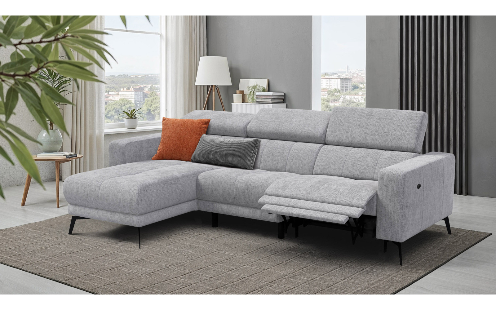 Canapé d'angle 4 places MORELLO avec 1 x Relax Zero Gravity, tissu gris clair