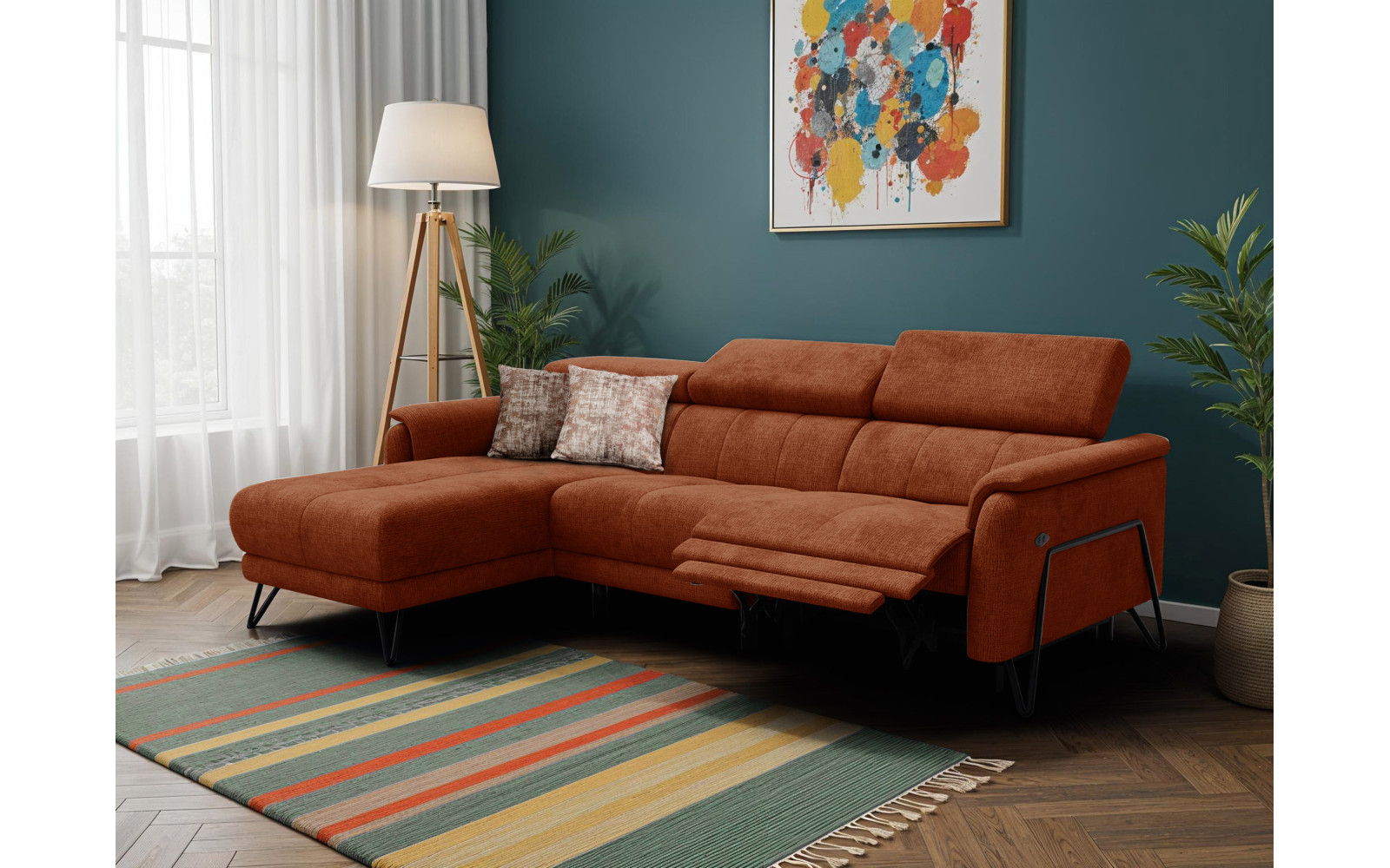 Canapé d'angle 4 places RODEN avec Relax, tissu orange foncé