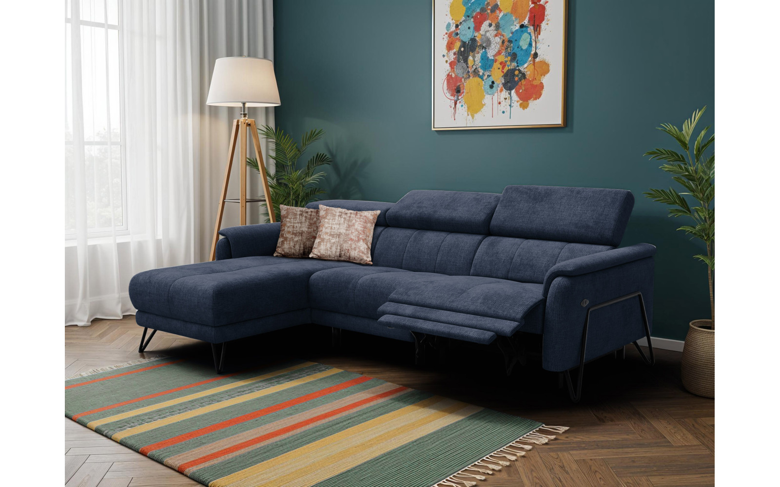 Canapé d'angle 4 places RODEN avec Relax, tissu bleu marine