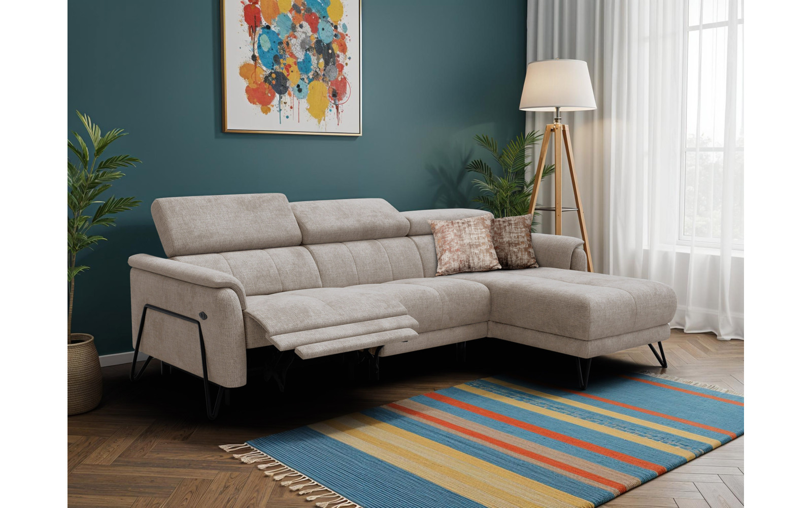 Canapé d'angle 4 places RODEN avec Relax, tissu beige