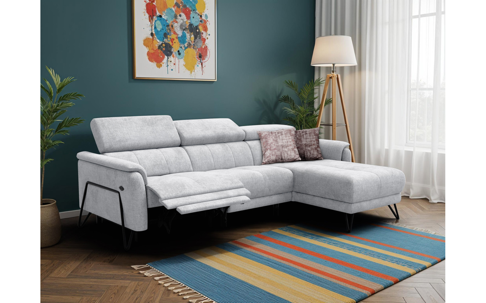 Canapé d'angle 4 places RODEN avec Relax, tissu gris clair