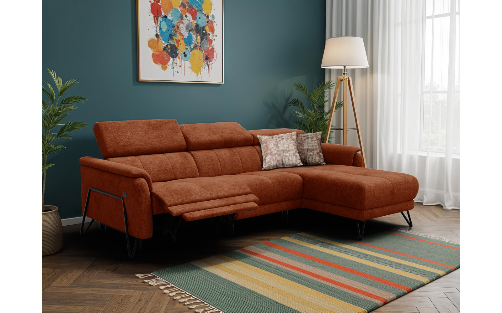 Canapé d'angle 4 places RODEN avec Relax, tissu orange foncé