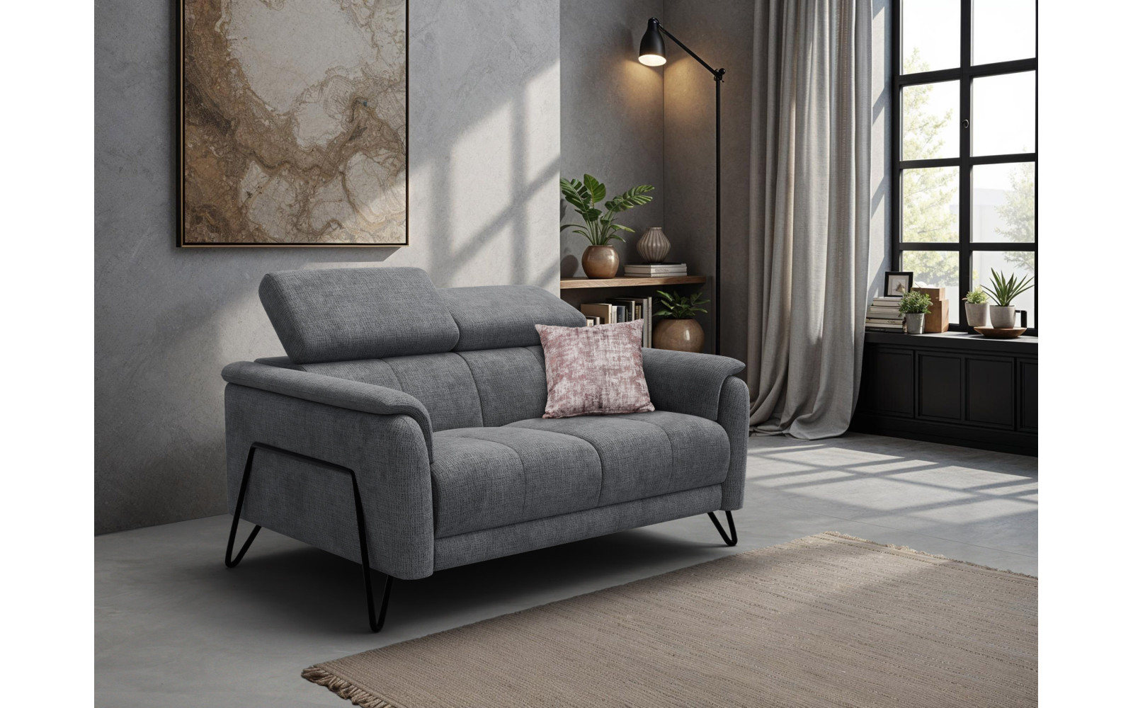 Canapé 2 places RODEN, tissu gris foncé