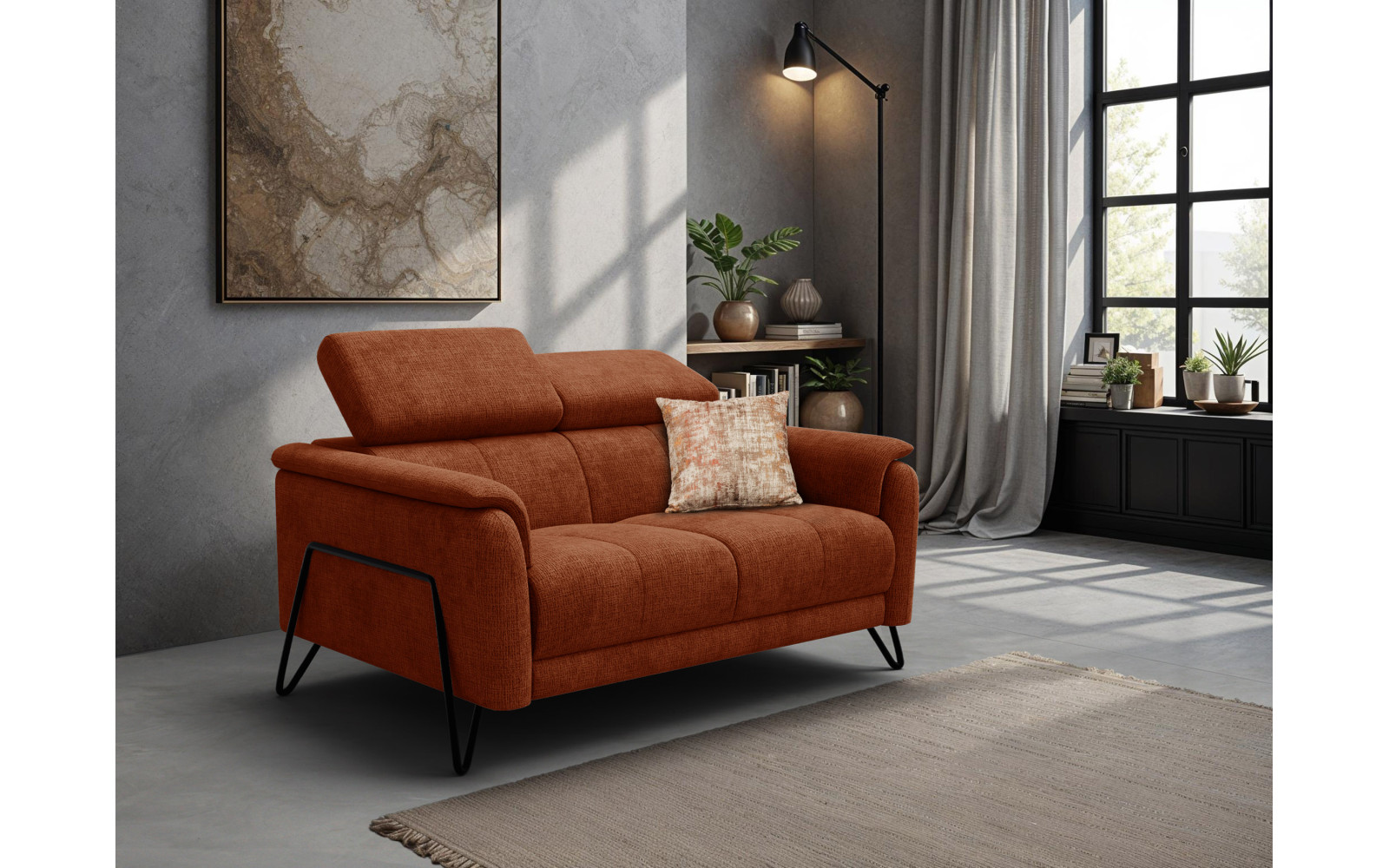 Canapé 2 places RODEN, tissu orange foncé