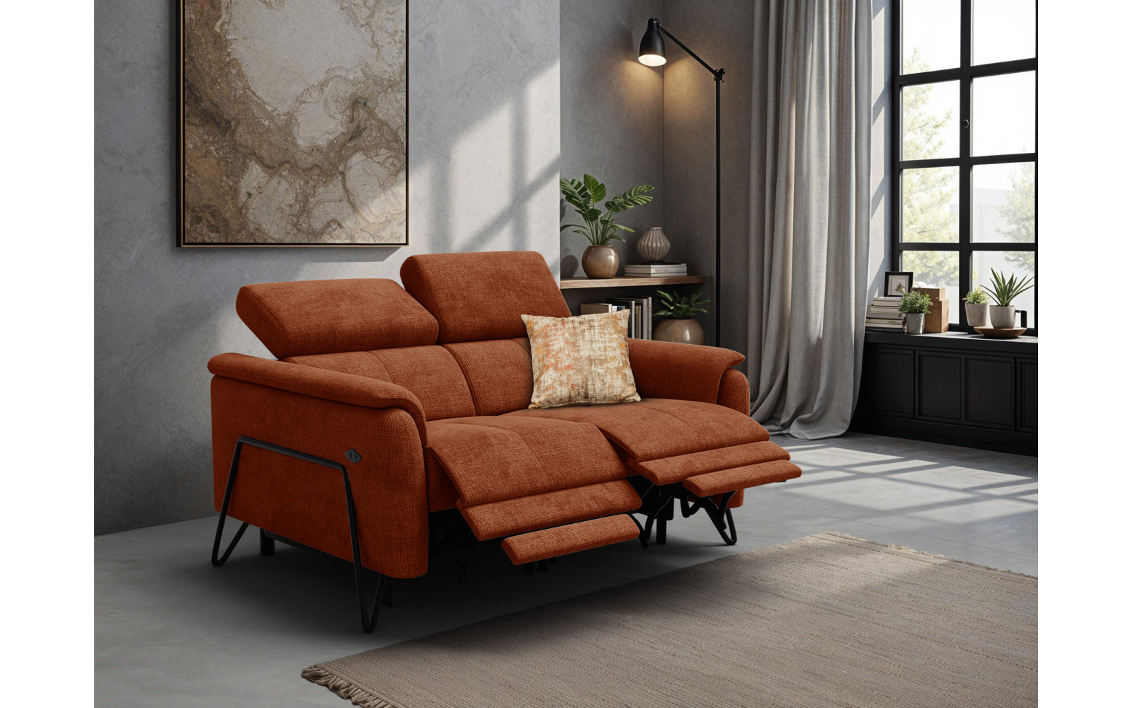 Canapé RODEN 2 places avec 2 Relax, tissu orange foncé