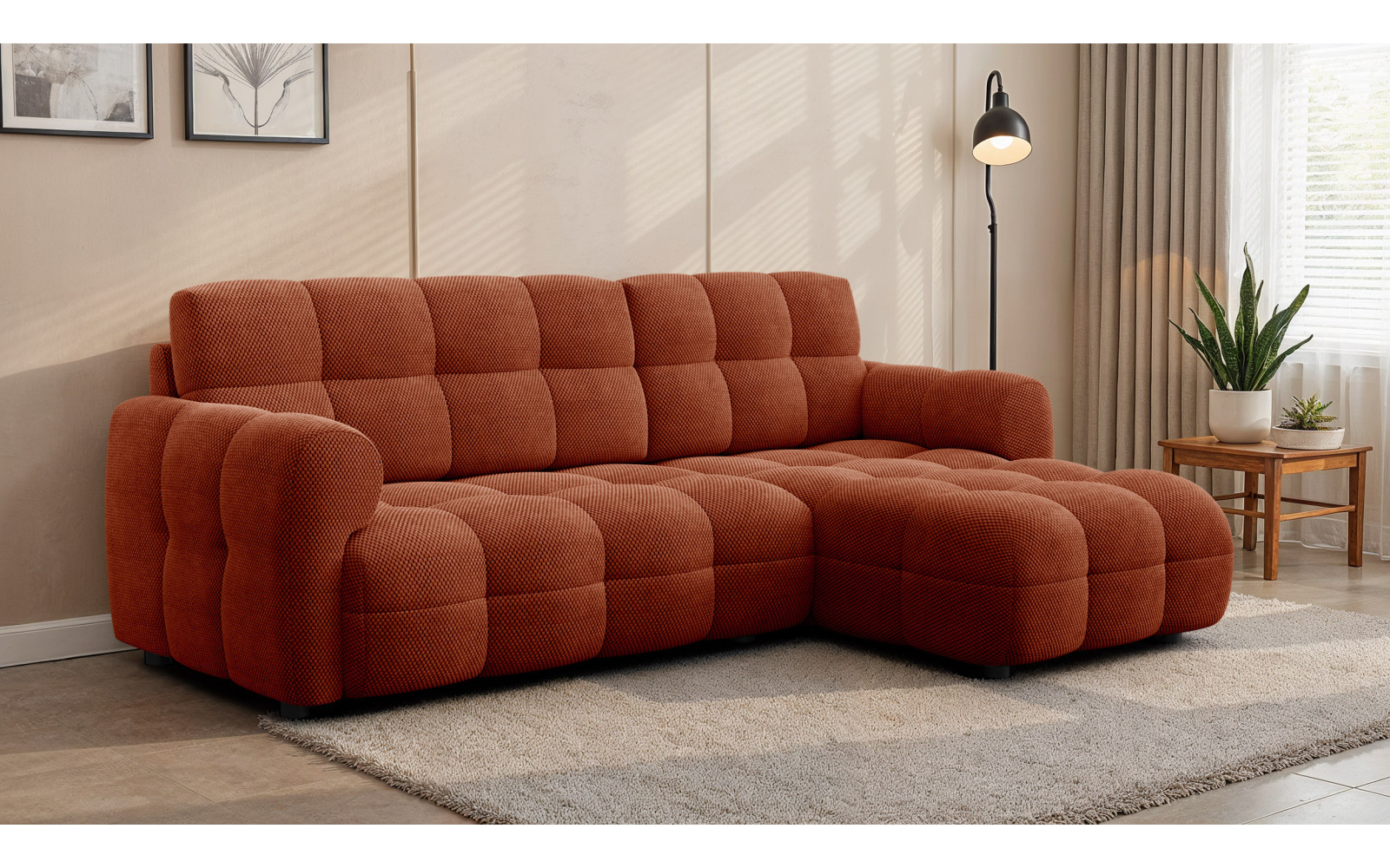 Canapé d'angle droit 3 places MELLOW, tissu orange