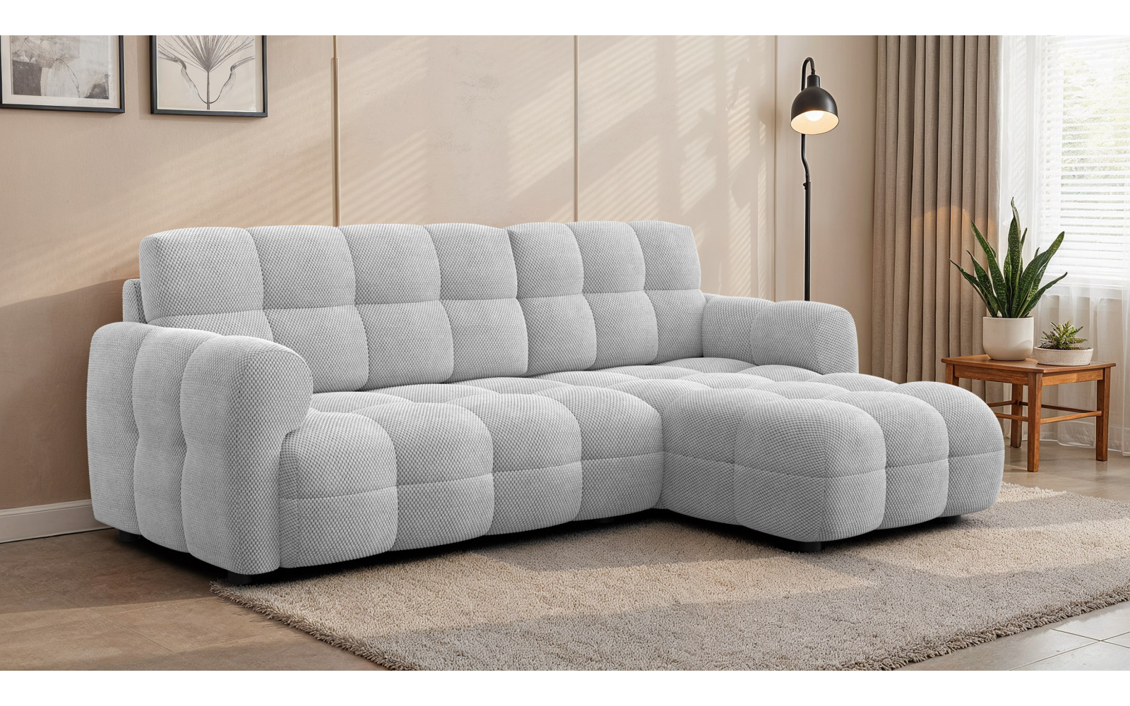 Canapé d'angle droit 3 places MELLOW, tissu gris clair