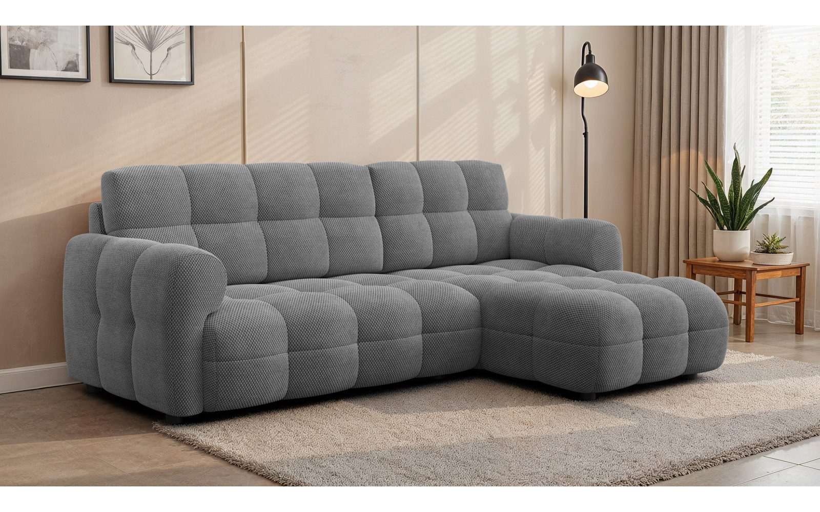 Canapé d'angle droit 3 places MELLOW, tissu gris