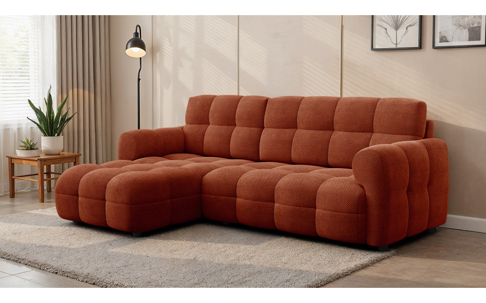 Canapé d'angle gauche 3 places MELLOW, tissu orange