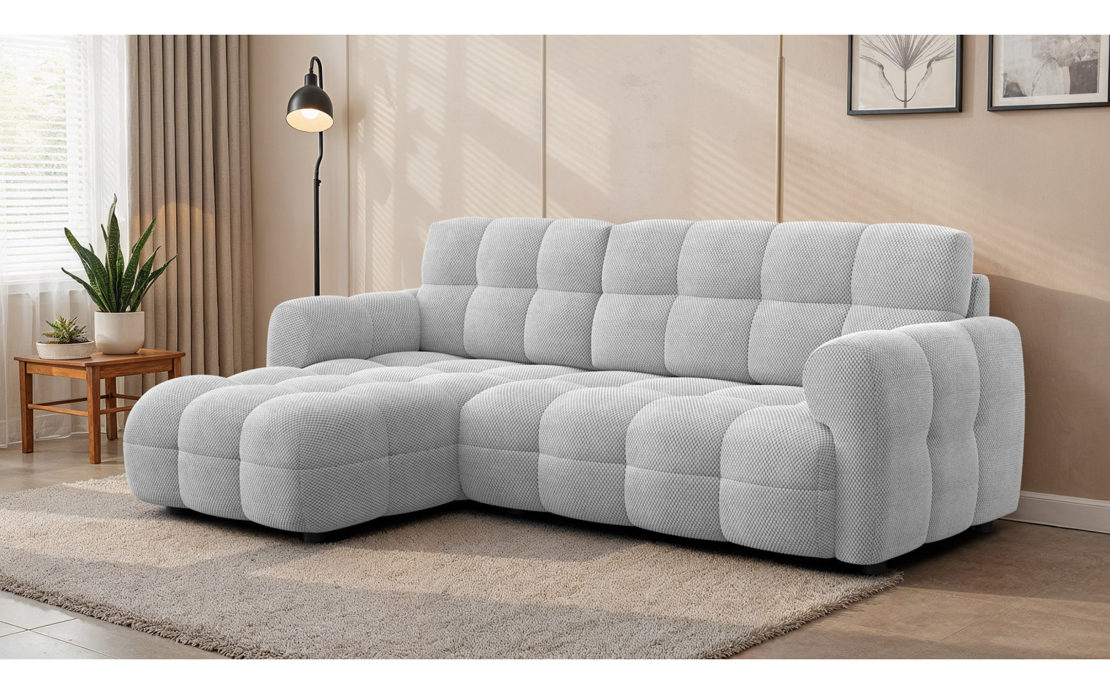 Canapé d'angle gauche 3 places MELLOW, tissu gris clair