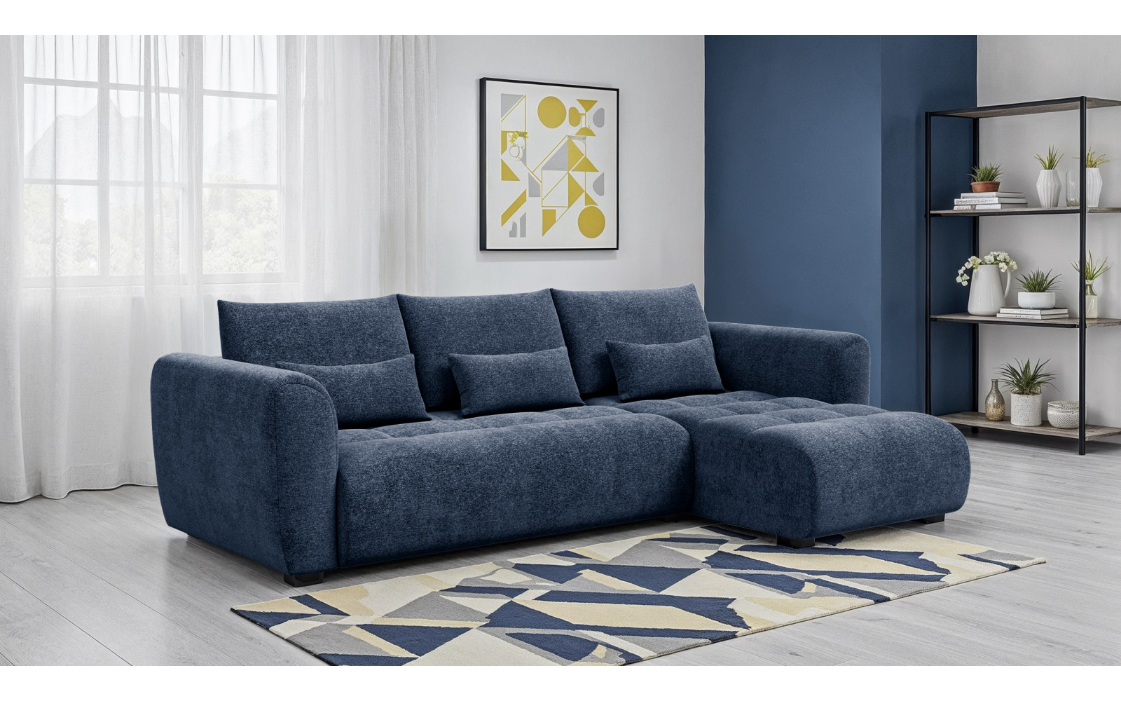 Canapé d'angle 4 places SORENO, tissu bleu marine