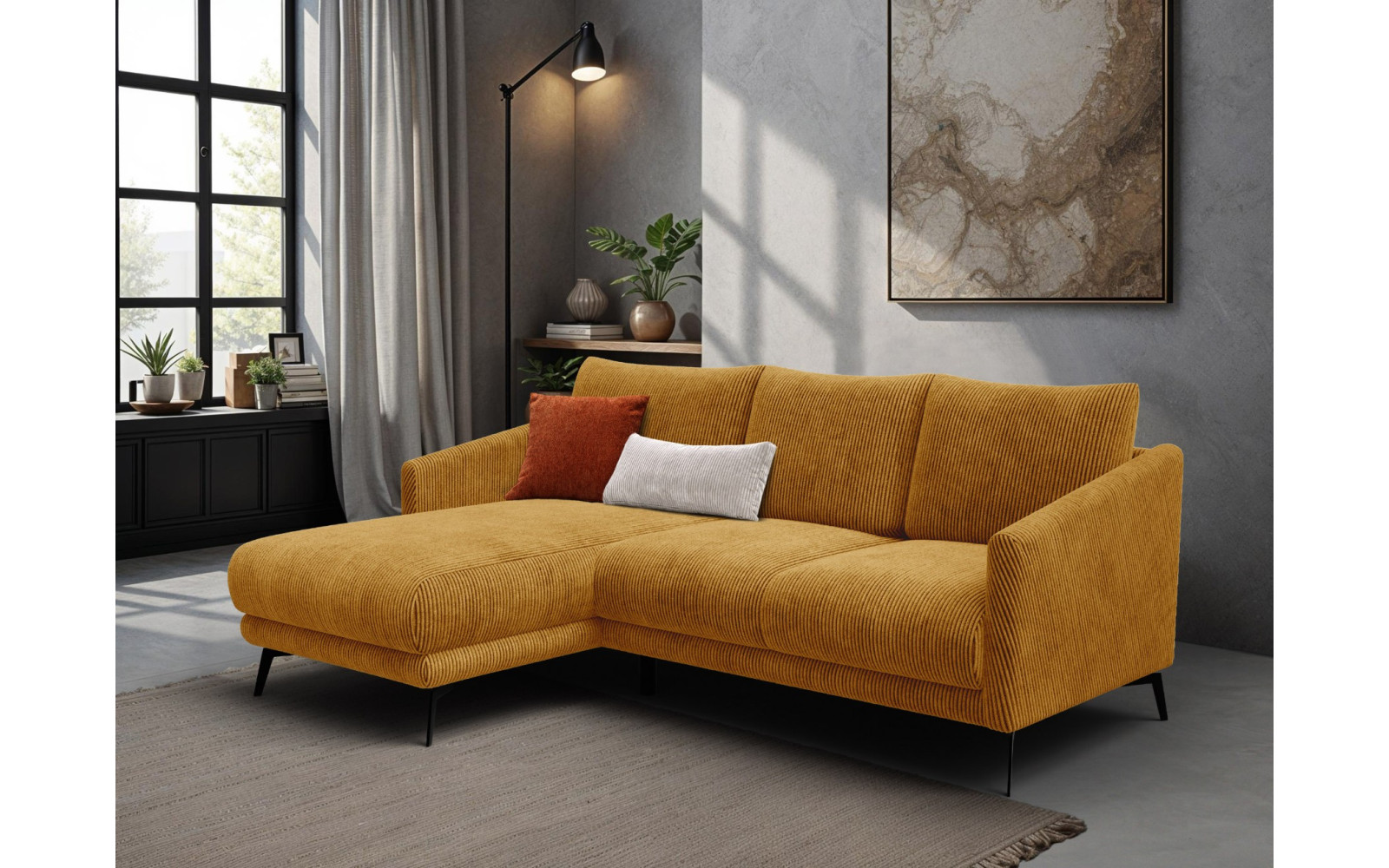 Canapé d'angle gauche 3 places VILT, tissu jaune foncé