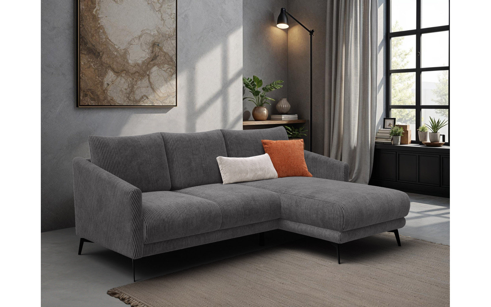 Canapé d'angle droit 3 places VILT, tissu gris foncé