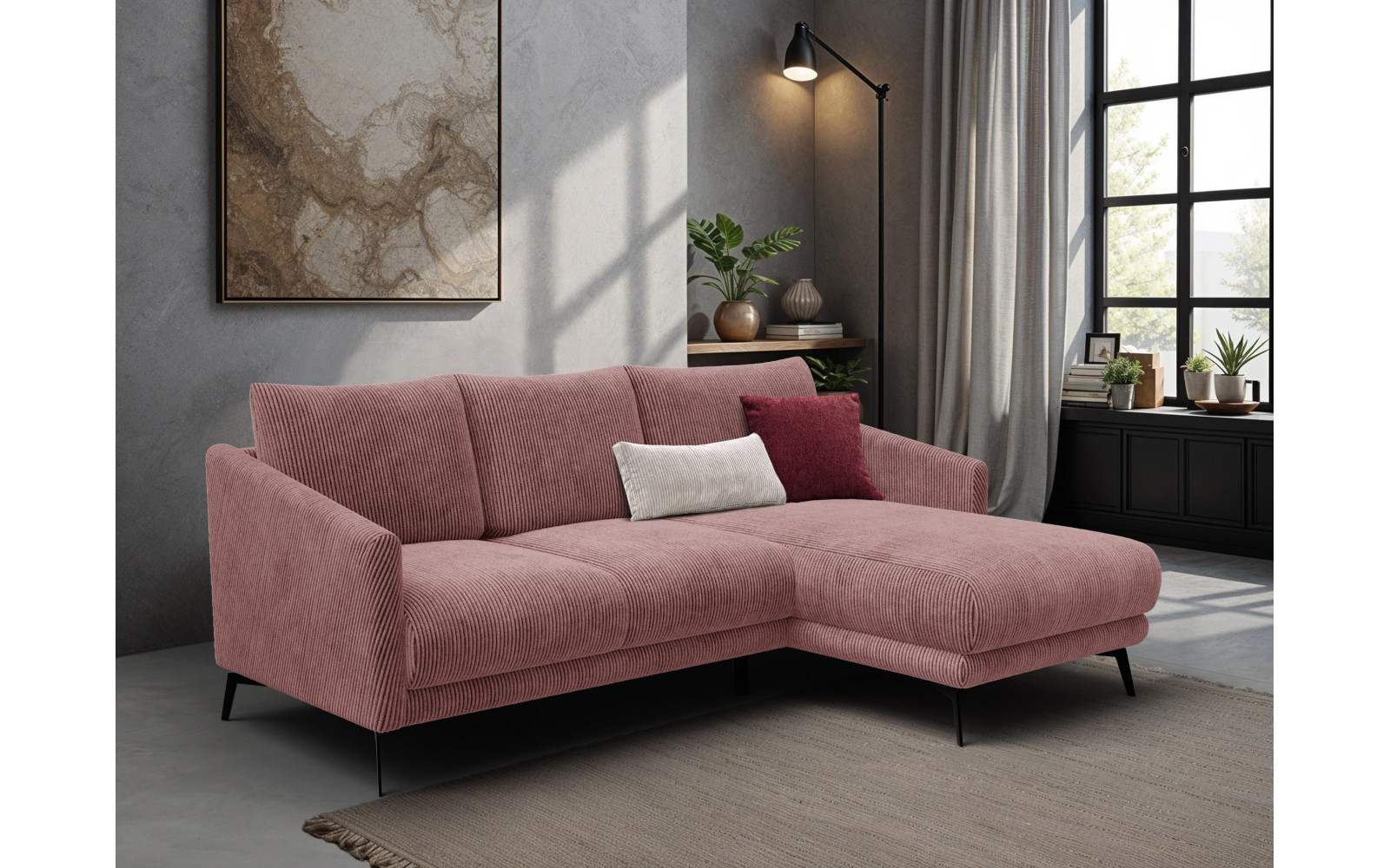 Canapé d'angle droit 3 places VILT, tissu rose