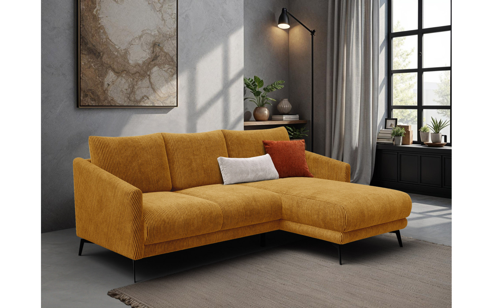 Canapé d'angle droit 3 places VILT, tissu jaune foncé