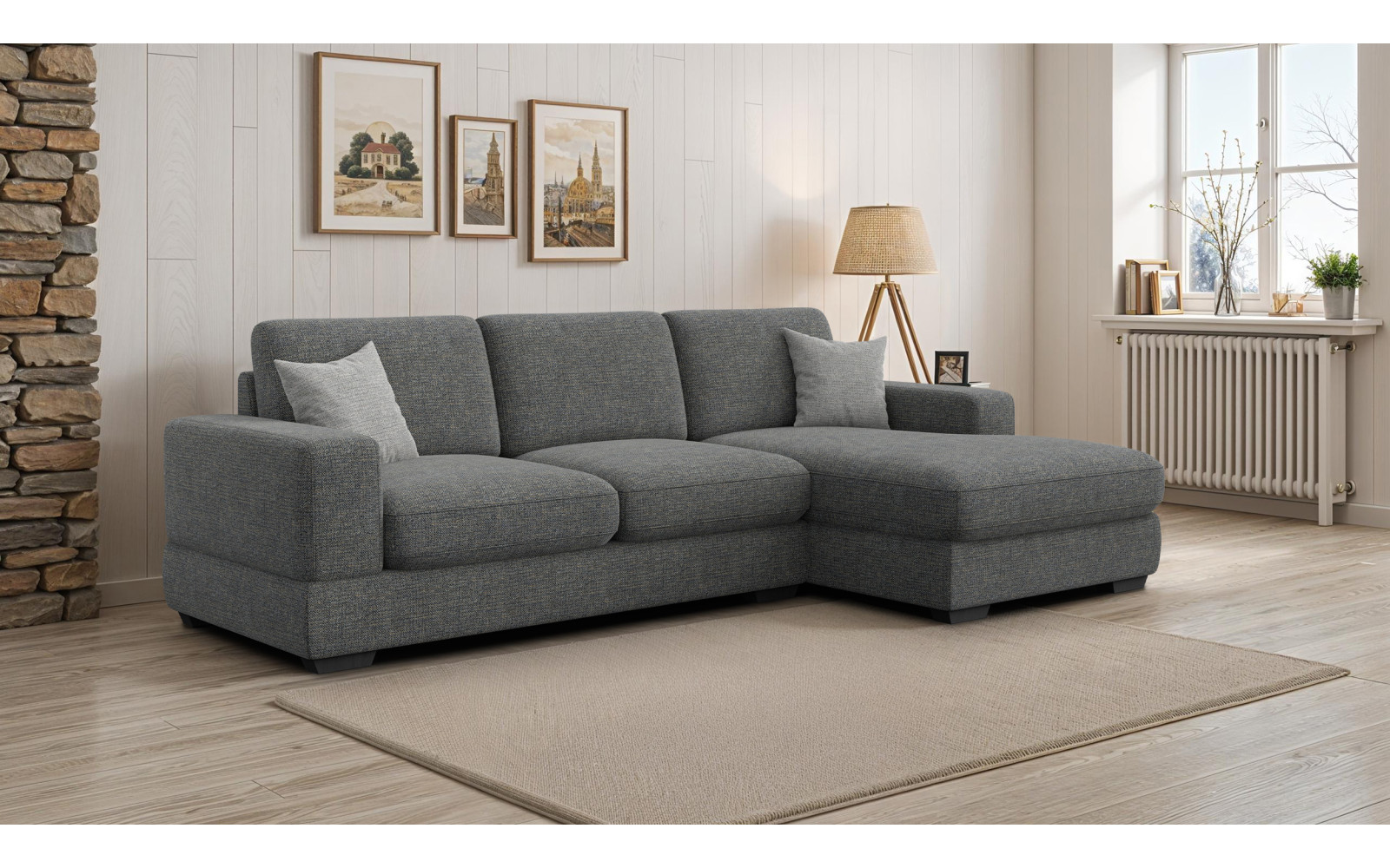 Canapé d'angle droit 4 places OTTO, tissu anthracite