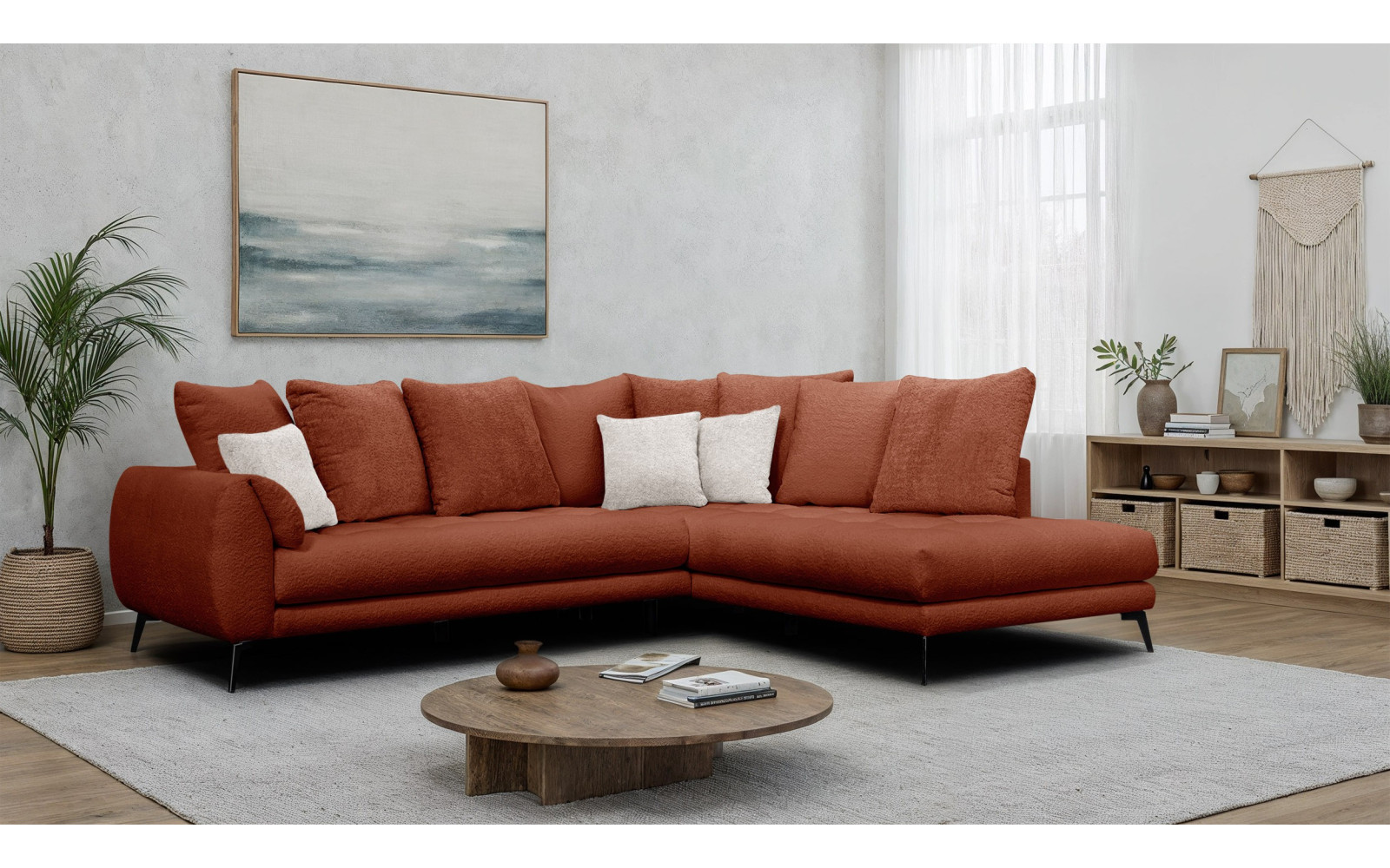 Canapé d'angle 5 places CALME, tissu orange foncé