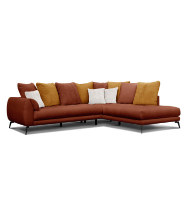 Canapé d'angle 5 places CALME, tissu orange foncé et écru