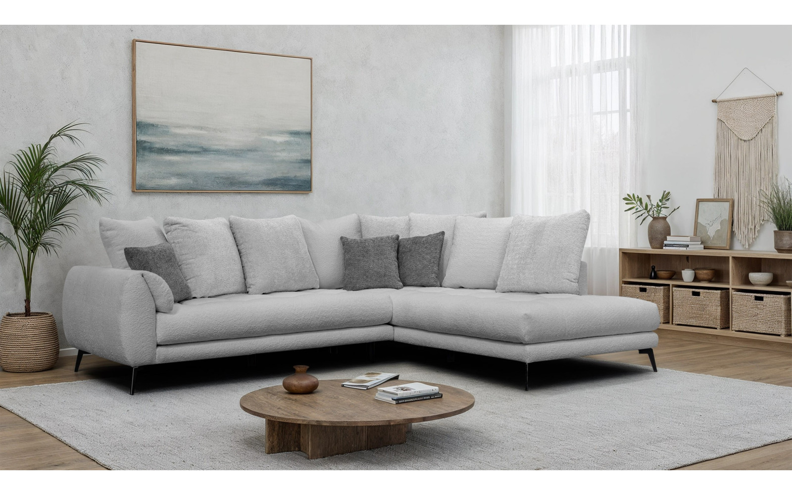 Canapé d'angle 5 places CALME, tissu gris clair