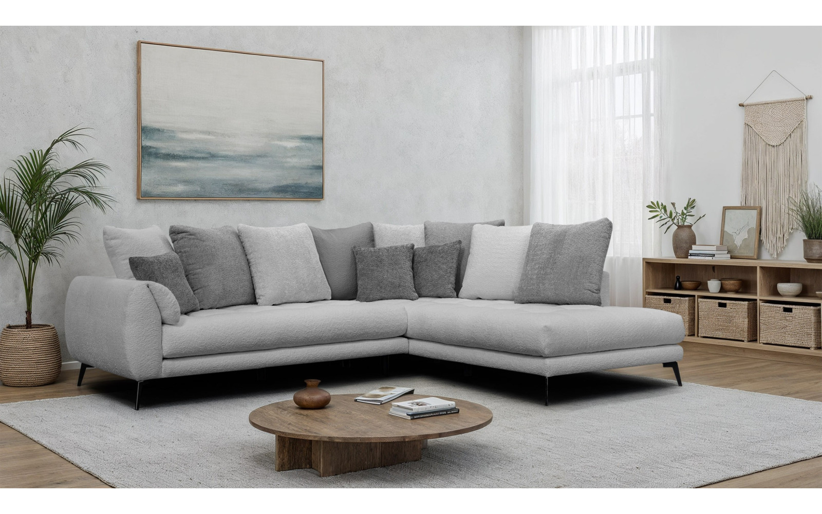 Canapé d'angle 5 places CALME, tissu gris clair et gris foncé