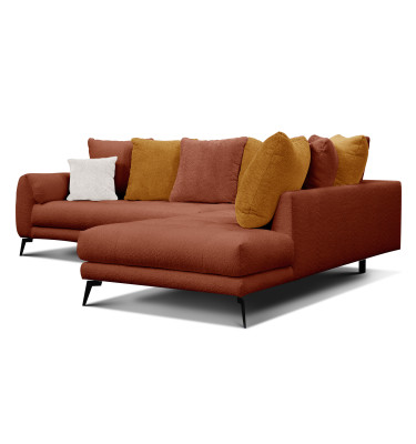 Canapé d'angle 5 places CALME, tissu orange foncé et écru
