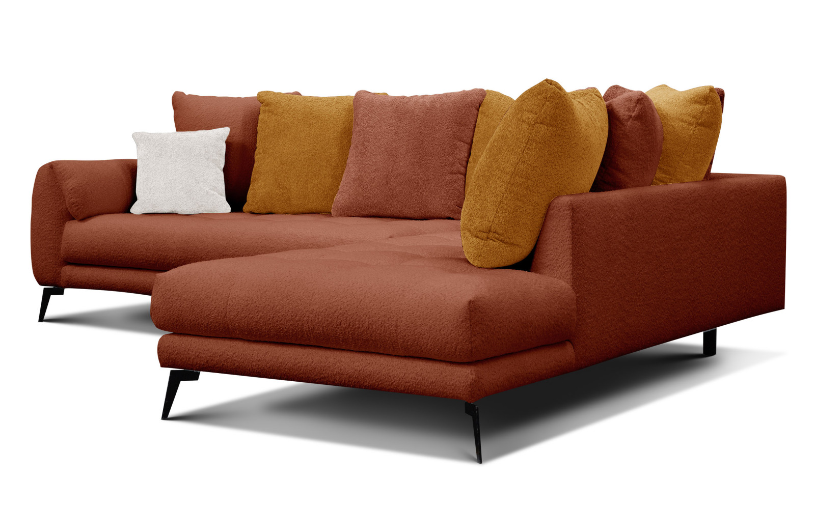 Canapé d'angle 5 places CALME, tissu orange foncé et écru