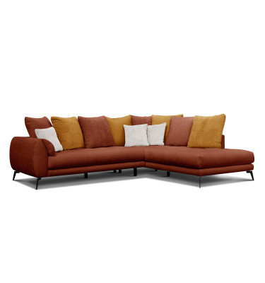 Canapé d'angle 5 places CALME, tissu orange foncé et écru