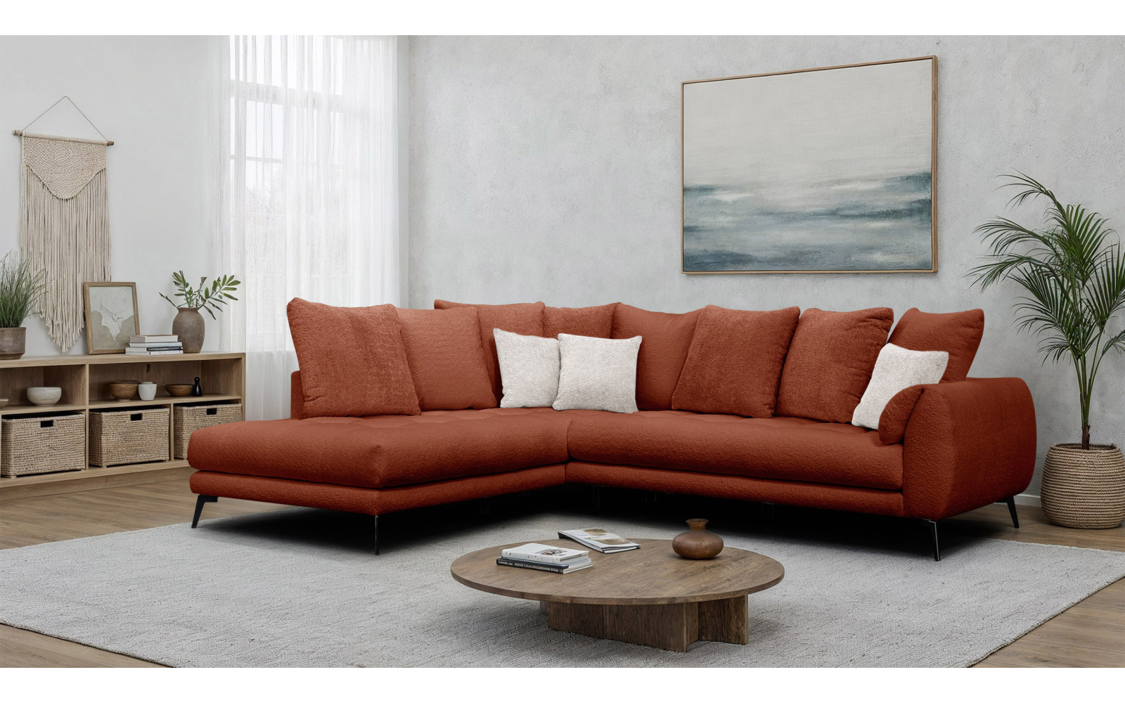 Canapé d'angle 5 places CALME, tissu orange foncé