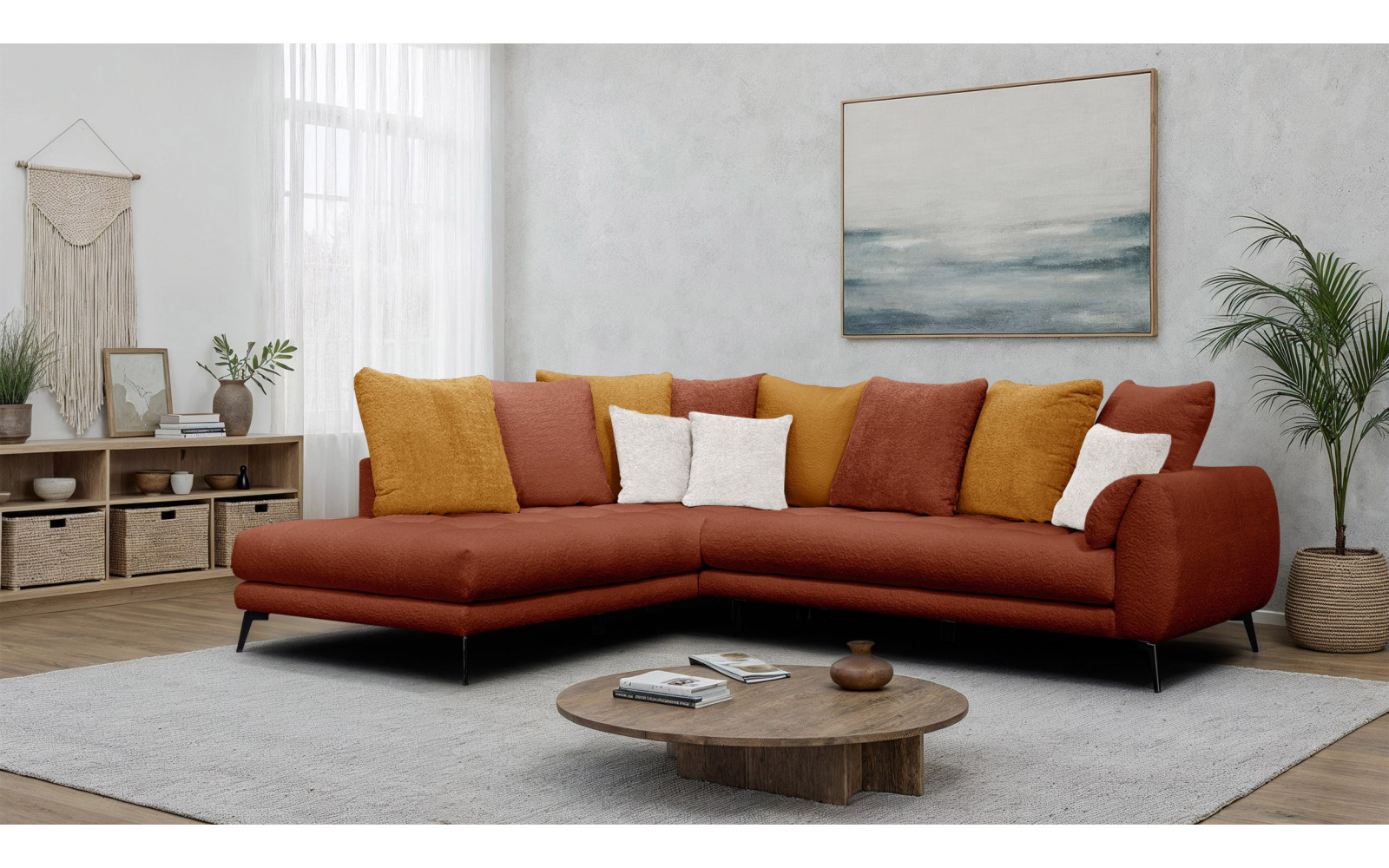Canapé d'angle 5 places CALME, tissu orange foncé et écru