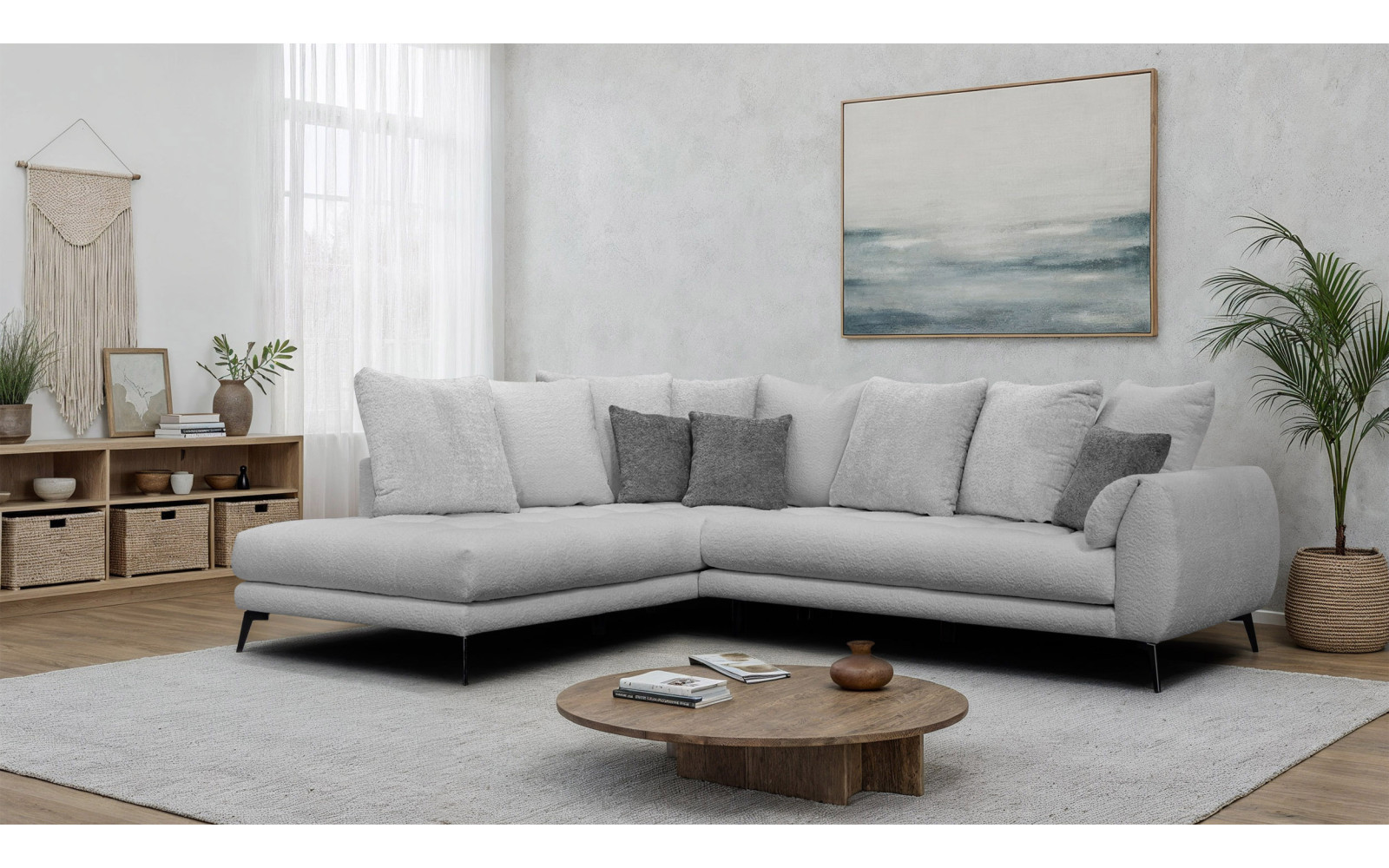 Canapé d'angle 5 places CALME, tissu gris clair