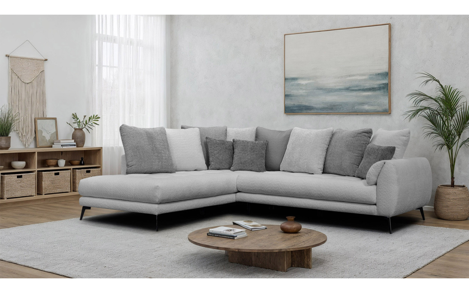 Canapé d'angle 5 places CALME, tissu gris clair et gris foncé