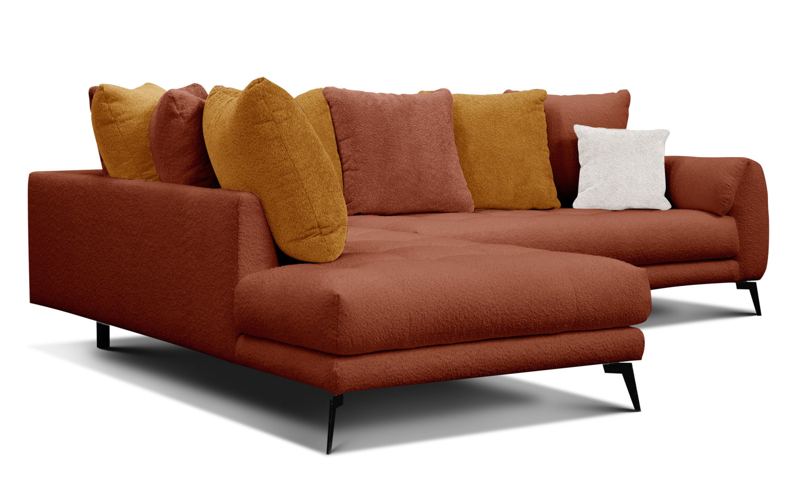 Canapé d'angle 5 places CALME, tissu orange foncé et écru