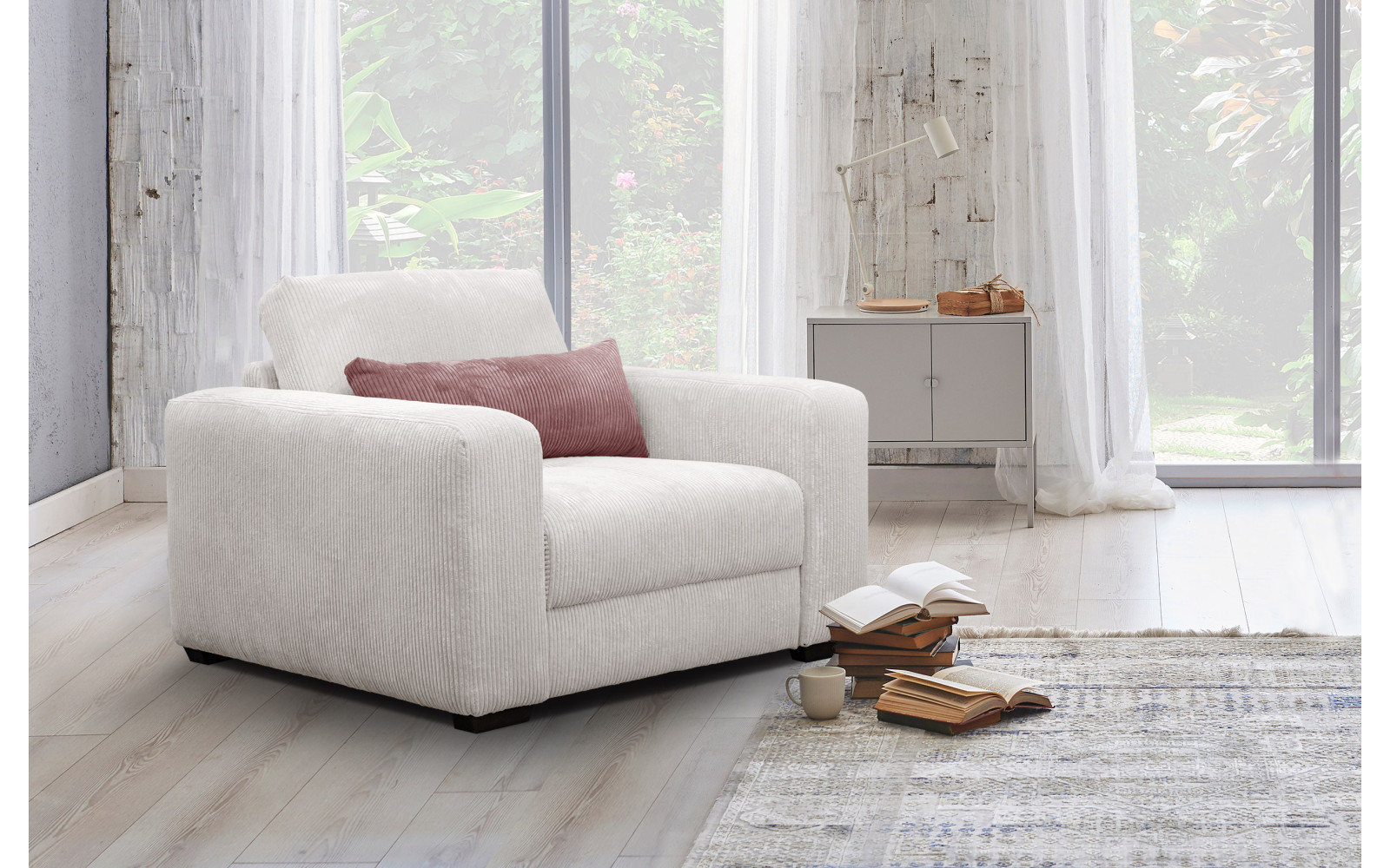 Fauteuil en velours côtelé OLI, blanc cassé