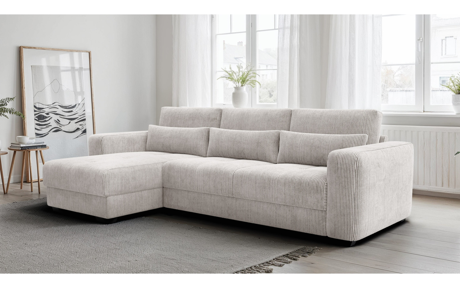 Canapé d’angle 4 places gauche OLI, blanc perle