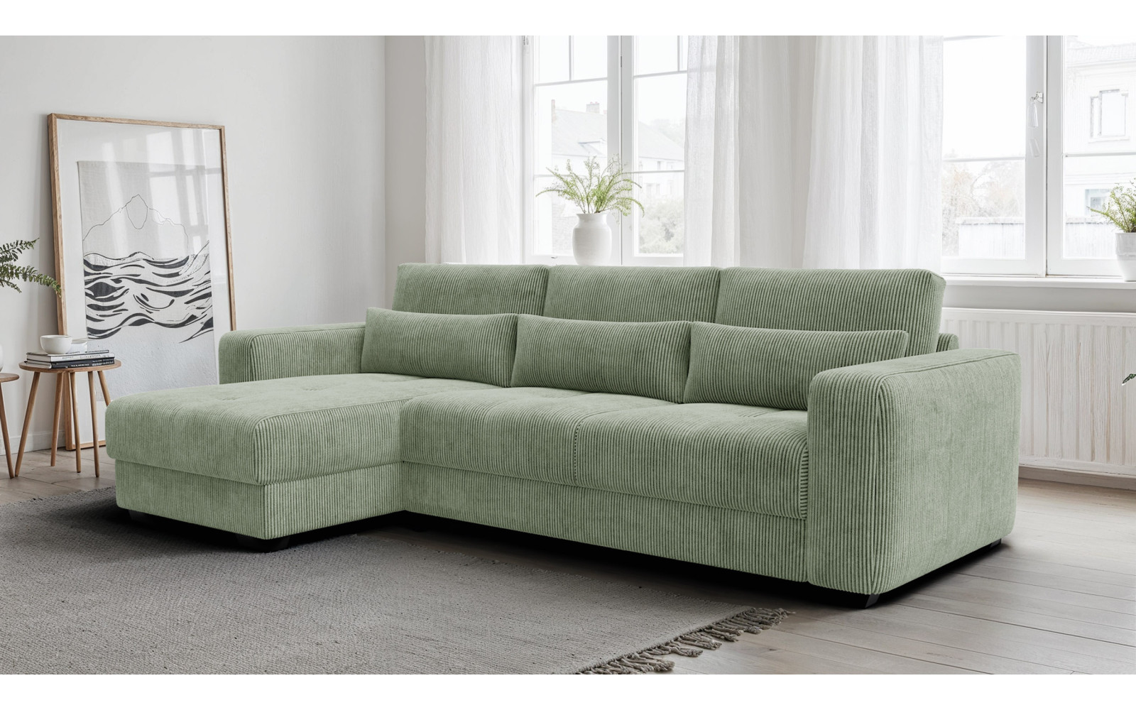 Canapé d’angle 4 places gauche OLI, vert sauge