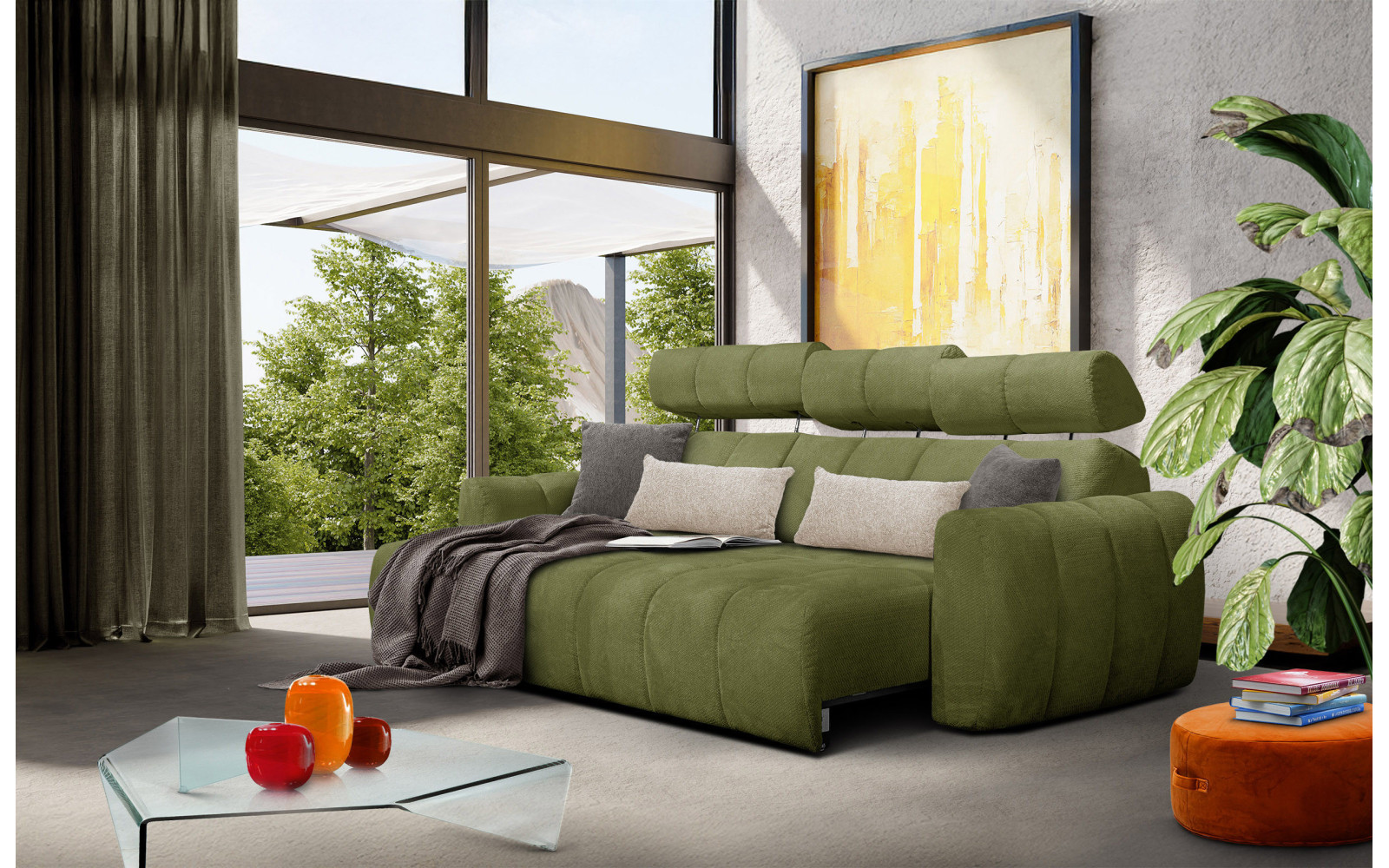 KIMI 3-Sitzer Ecksofa links, ausziehbarer Sitz, verstellbare Kopfstützen, olivgrün