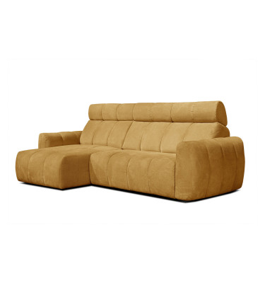 KIMI 3-Sitzer Ecksofa links, ausziehbarer Sitz, verstellbare Kopfstützen, gelb senf